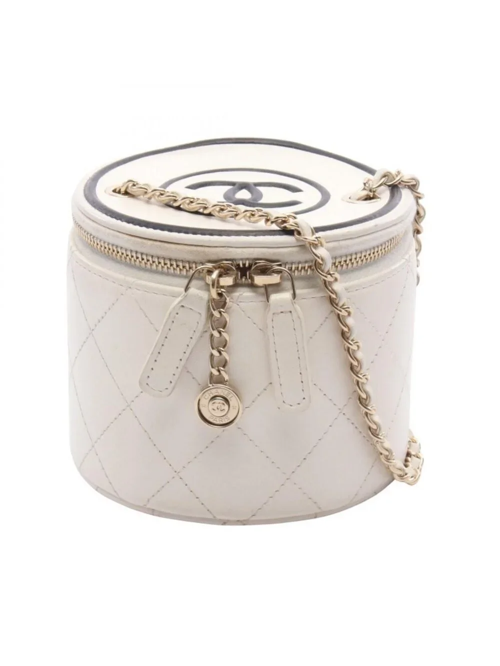 Chanel Shoulder Bag Quilted CC Logo Small Vanity White Black Leather CC Round